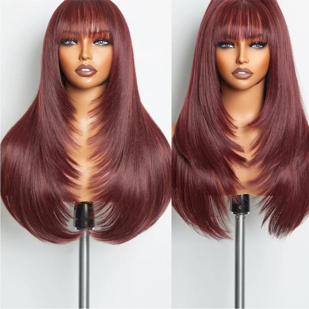 Straight Layered Wigs with Bangs Glueless Burgundy Color Wig 22 Inch Put On&Go!